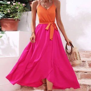 Two Tone Wrap Hem Belted Cami Dress